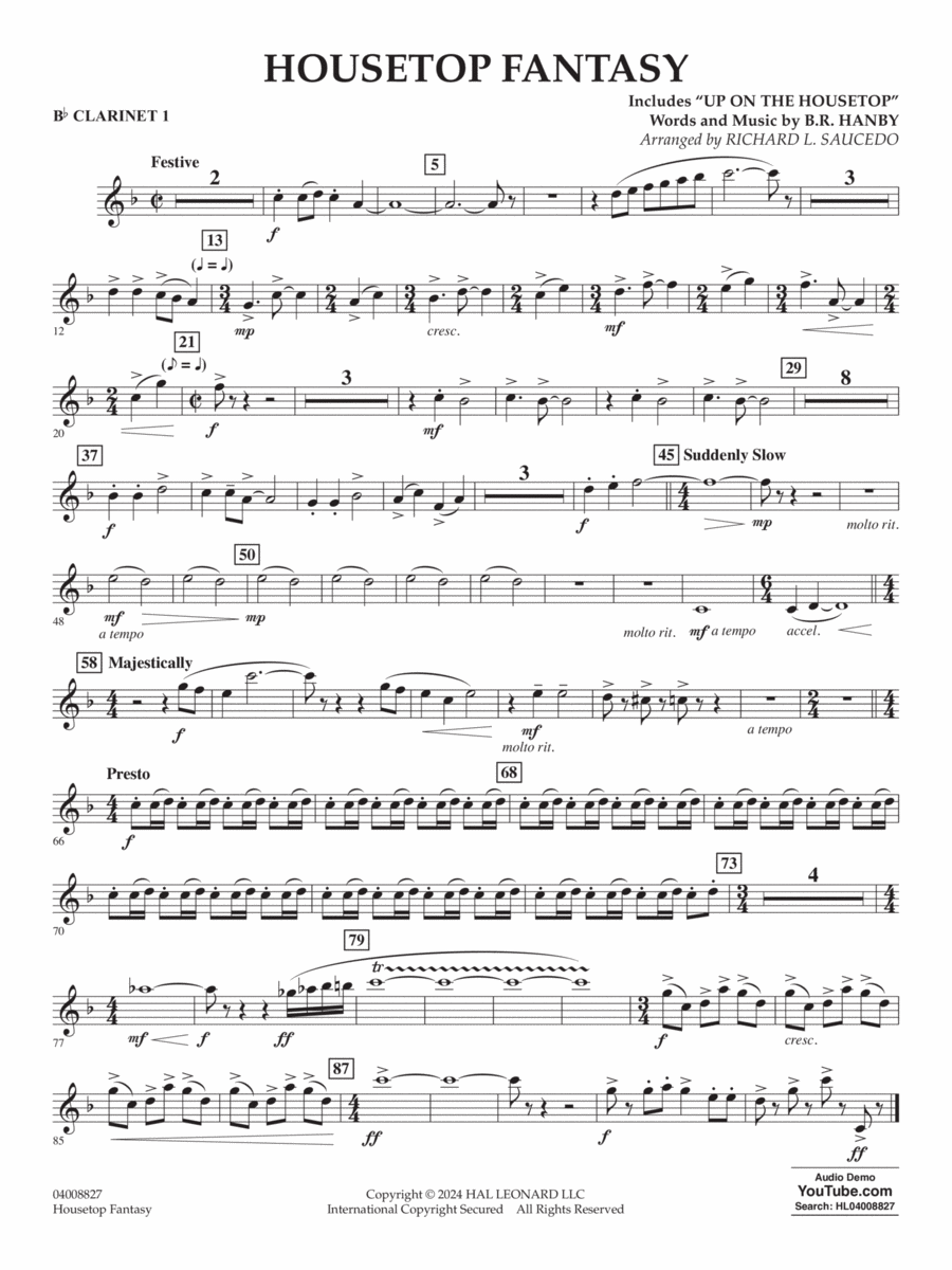 Housetop Fantasy (arr. Richard L. Saucedo) - Bb Clarinet 1 Concert Band scores gallery preview page 1