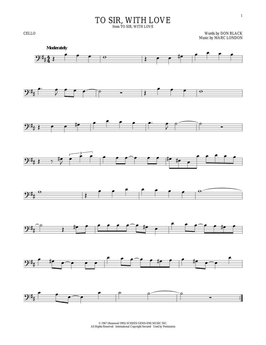 To Sir, With Love To Sir, With Love Cello Solo scores gallery preview page 1
