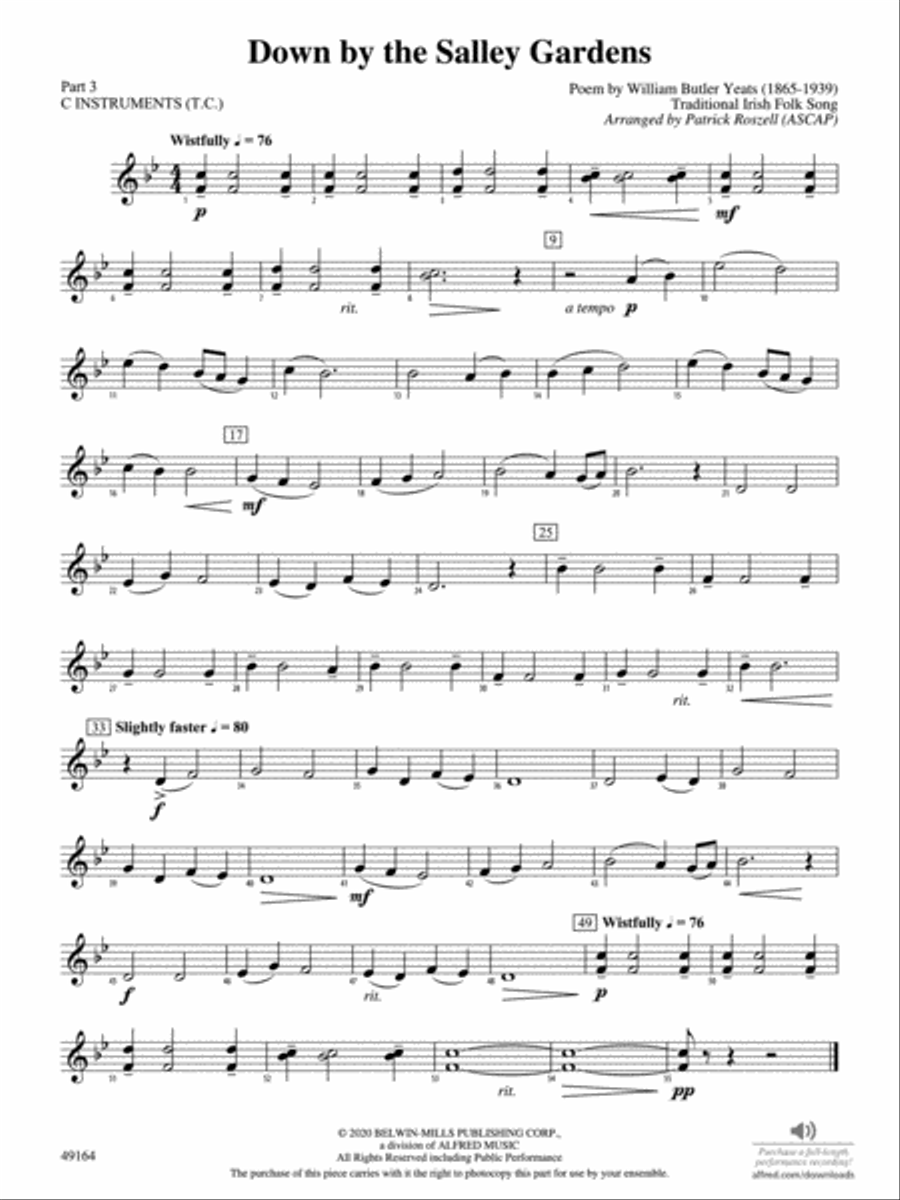 Down by the Salley Gardens: Part 3 - C Instruments (T.C.) Concert Band scores gallery preview page 1
