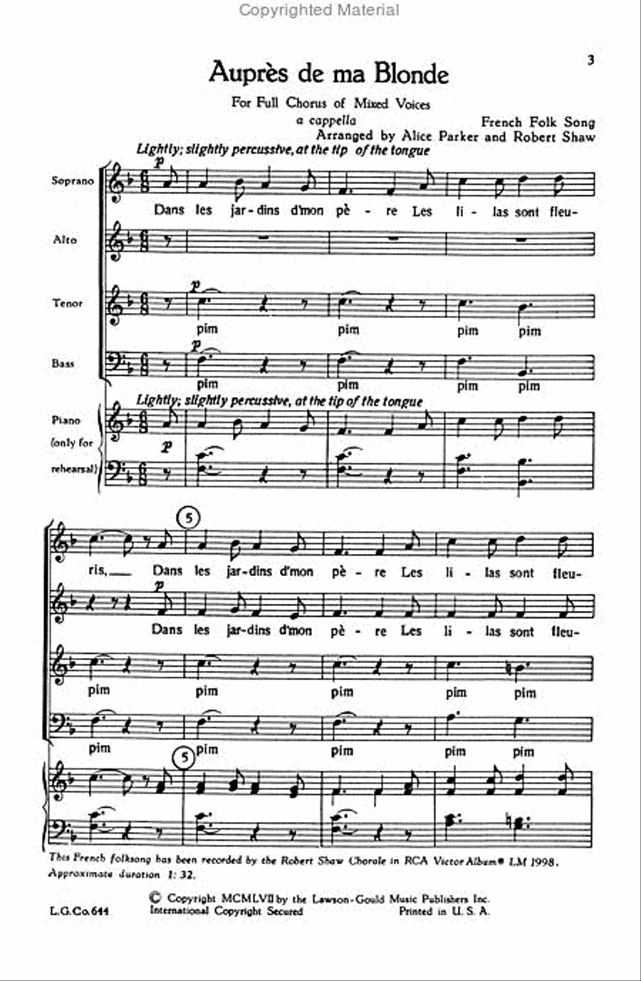 Aupres de ma Blonde Aupres de ma Blonde 4-Part scores gallery preview page 2