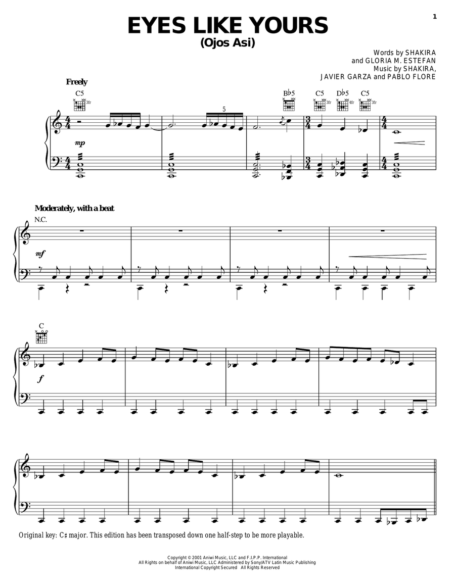 Eyes Like Yours (Ojos Asi) Piano, Vocal, Guitar scores gallery preview page 1