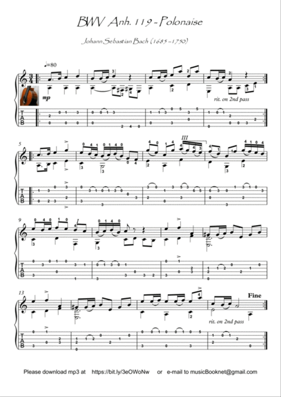 Bach for Guitar Polonaise BWV Anh119 Acoustic Guitar scores gallery preview page 1