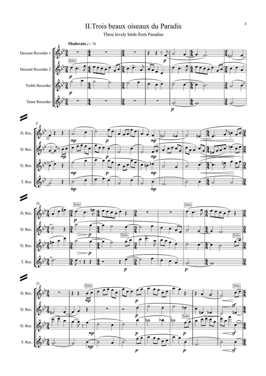 Ravel: Trois Chansons (Three Songs) (includes Three Lovely Birds of Paradise) - recorder quartet Woodwind Quartet scores gallery preview page 3