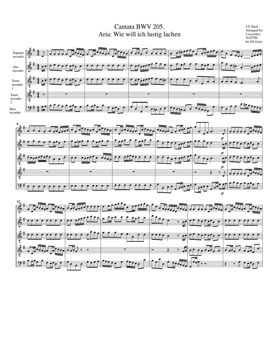 Aria: Wie will ich lustig lachen from Cantata BWV 205 (arrangement for 5 recorders) Recorder scores gallery preview page 2