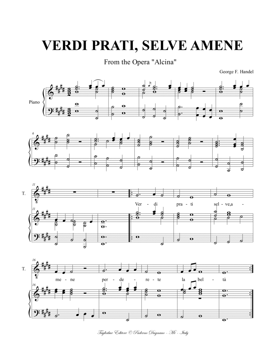 VERDI PRATI - SELVE AMENE - Handel - From Alcina - For Tenor and Piano Tenor Voice scores gallery preview page 1