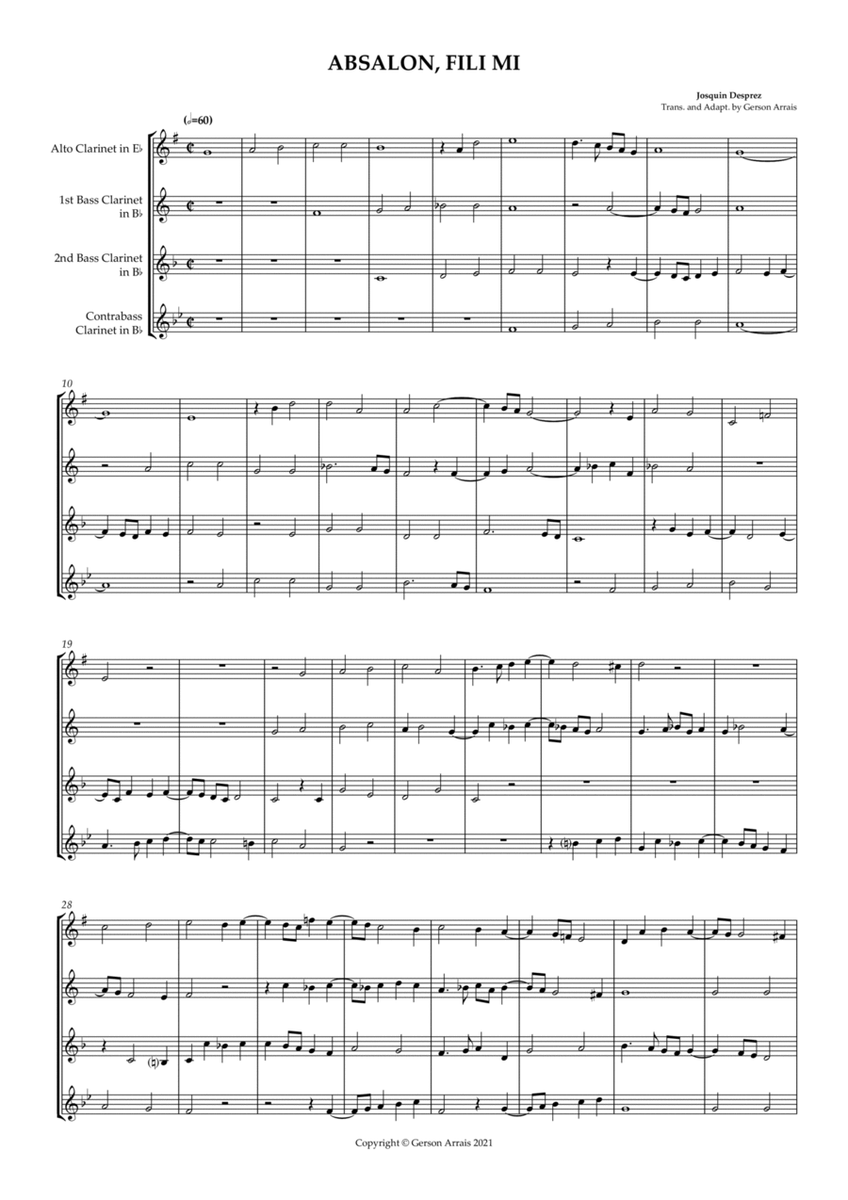 ABSALON, FILI MI - Josquin Desprez - for Low Clarinet Quartet - Score and Parts image number null