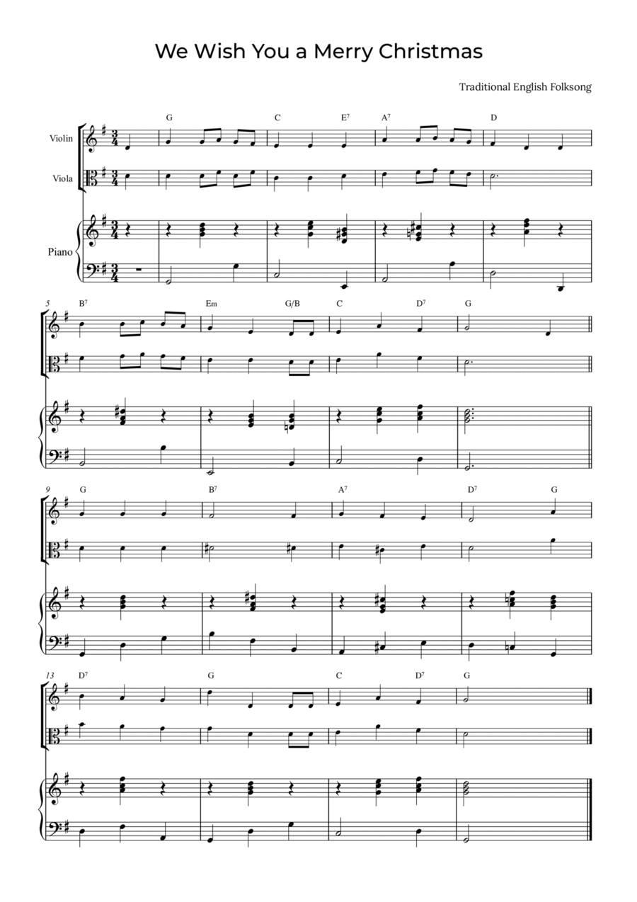 We Wish You a Merry Christmas - Violin and Viola with piano and chords String Duet scores gallery preview page 1