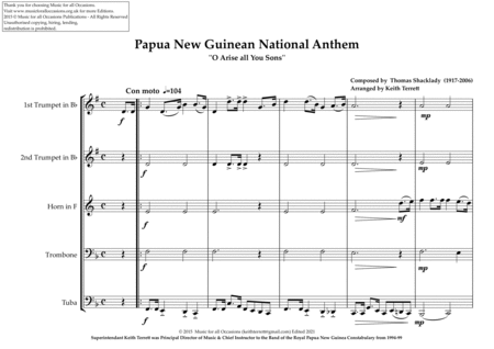 Papua New Guinea National Anthem ''O Arise all You Sons'' for Brass Quintet image number null