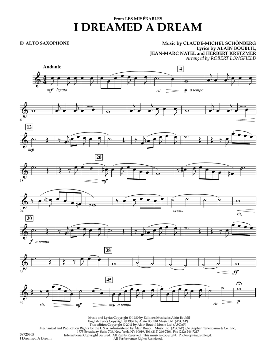 I Dreamed A Dream (from Les Miserables) - Eb Alto Saxophone Concert Band scores gallery preview page 1