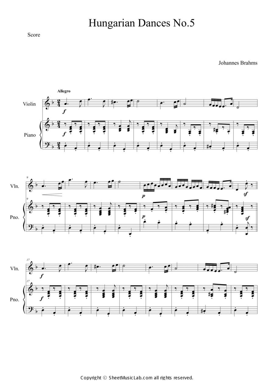 Hungarian Dances No.5 Easy version in D minor Violin Solo scores gallery preview page 1