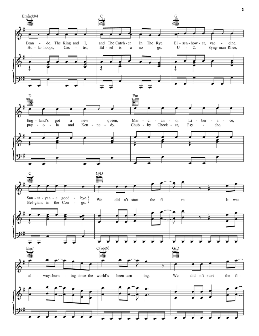 We Didn't Start The Fire Piano, Vocal, Guitar scores gallery preview page 3