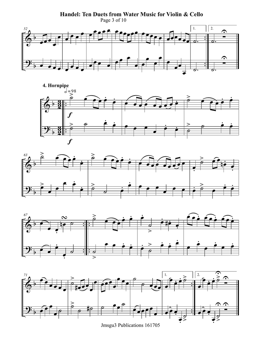 Handel: Ten Duets from Water Music for Violin & Cello String Duet scores gallery preview page 3