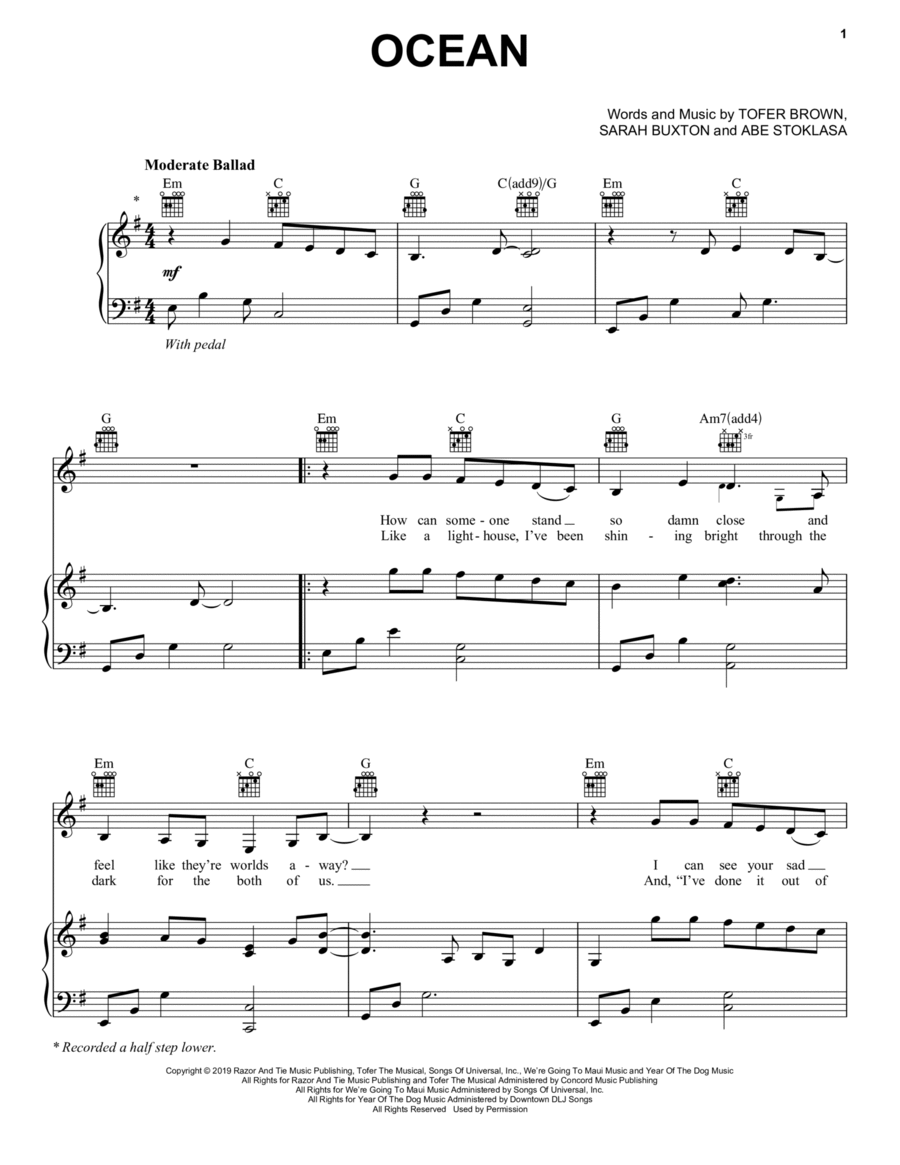 Ocean Piano, Vocal, Guitar scores gallery preview page 1