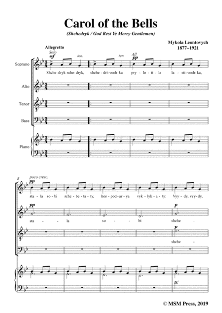 Leontovych-Carol of the Bells(Shchedryk),in B flat Major,for Mixed Chorus Choir scores gallery preview page 3