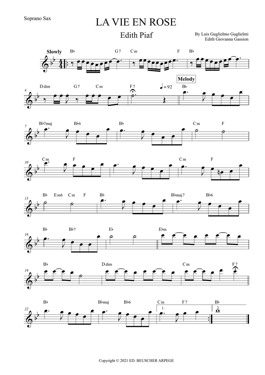 La Vie En Rose (elena Urioste And Tom Poster Version) Soprano Saxophone scores gallery preview page 1