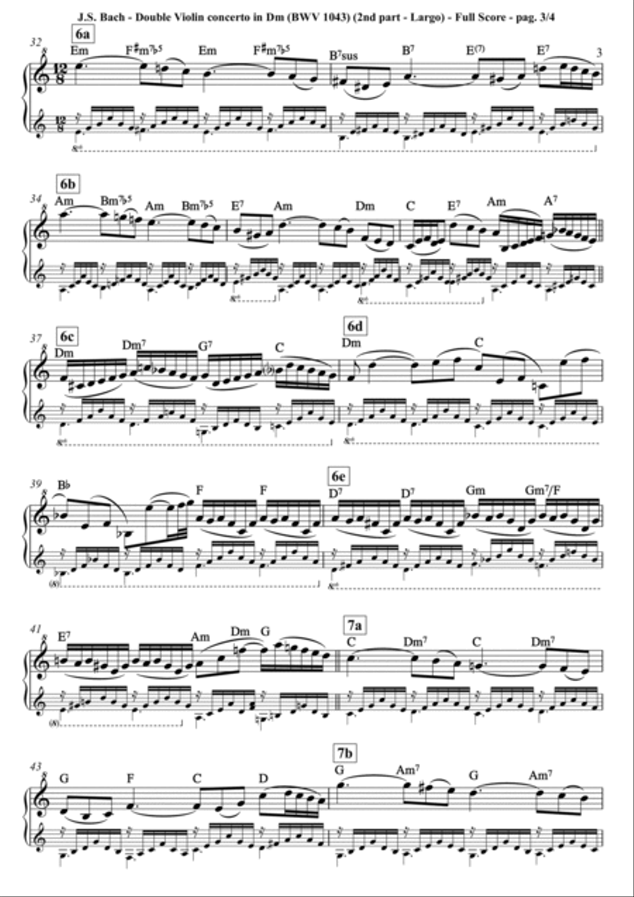 Bach (J.S.) - Double Violin concerto in Dm (BWV 1043) - 2nd part (Largo) - arr. for G-clef piano/har Violin Solo scores gallery preview page 3