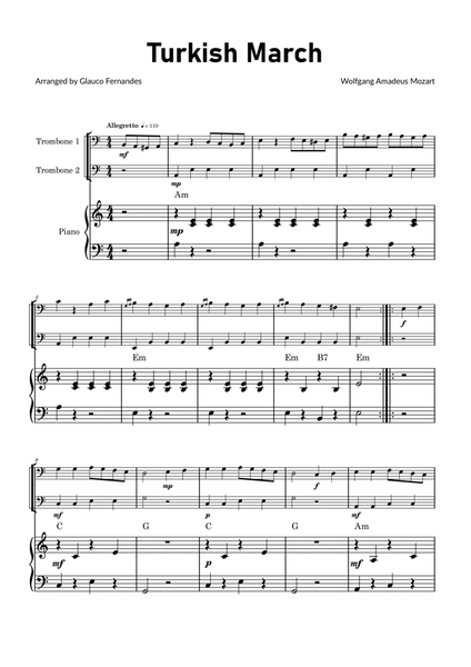 Turkish March by Mozart - Trombone Duet with Piano and Chord Notations image number null