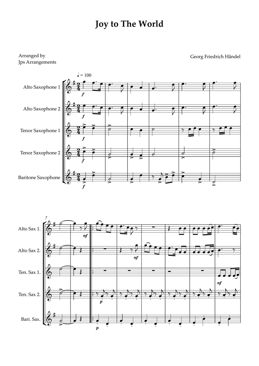 Joy To The World Sax quintet intermediate Saxophone Quintet scores gallery preview page 1