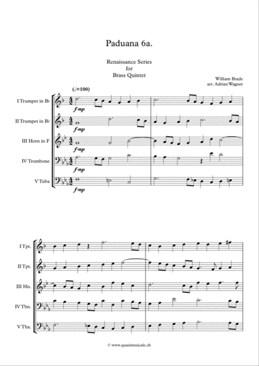 Paduana 6a. (William Brade) Brass Quintet arr. Adrian Wagner Brass Quintet scores gallery preview page 2