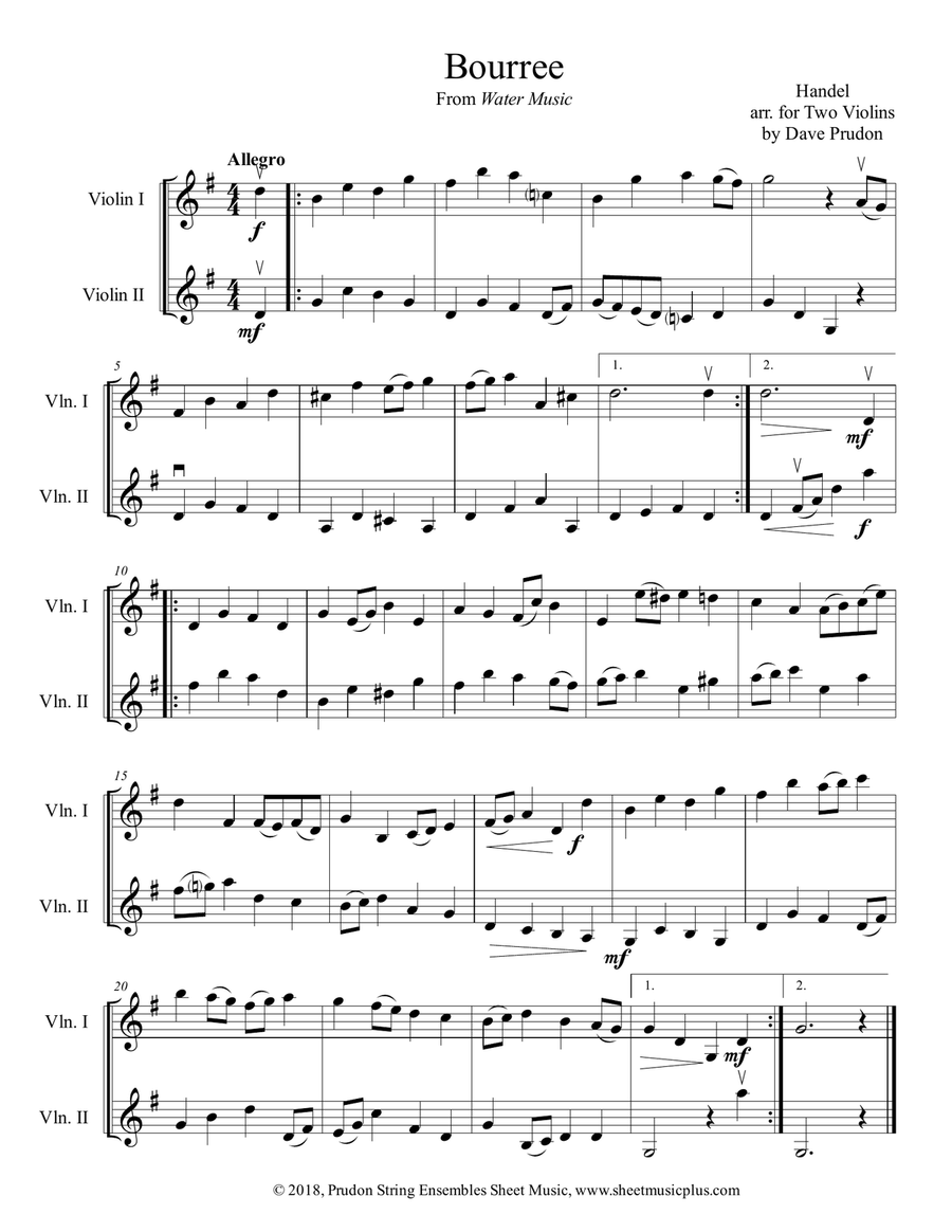 Bourree from Water Music for Two Violins String Duet scores gallery preview page 1