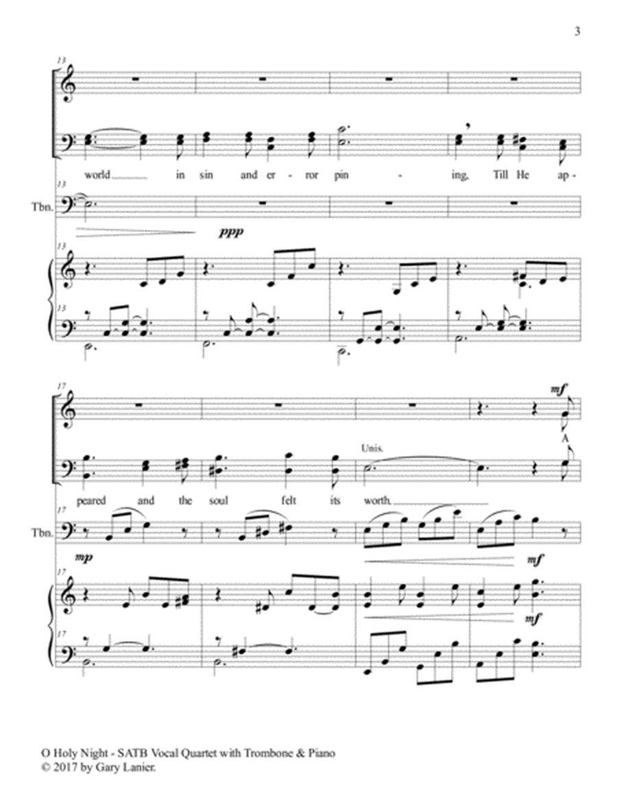 O HOLY NIGHT (SATB Vocal Quartet with Trombone & Piano - Score & Parts included) image number null