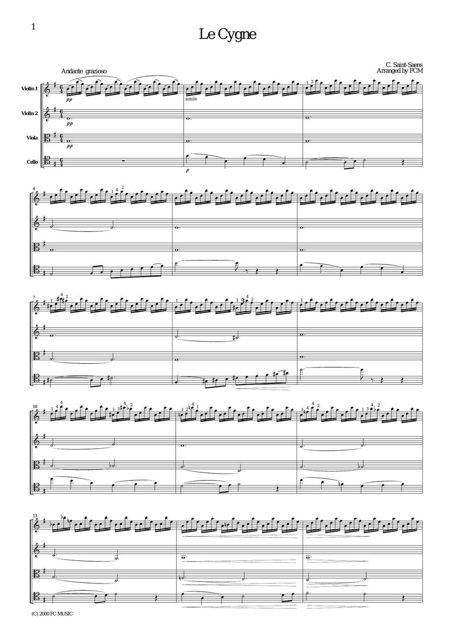 Saint-Saens Le Cygne (The Swan), for string quartet, CS401 String Quartet scores gallery preview page 1