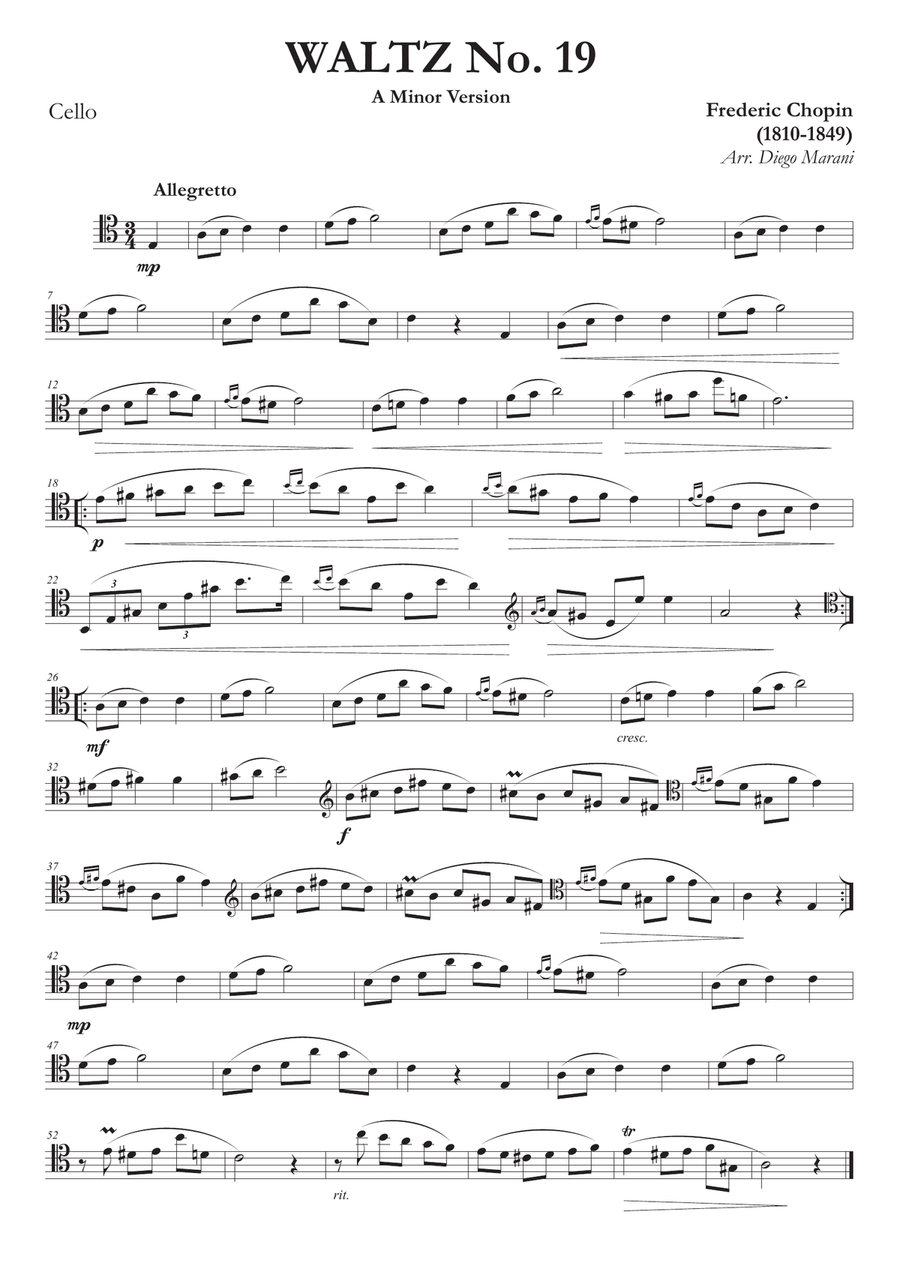 Waltz No. 19 in A Minor for Cello and Piano Piano scores gallery preview page 1