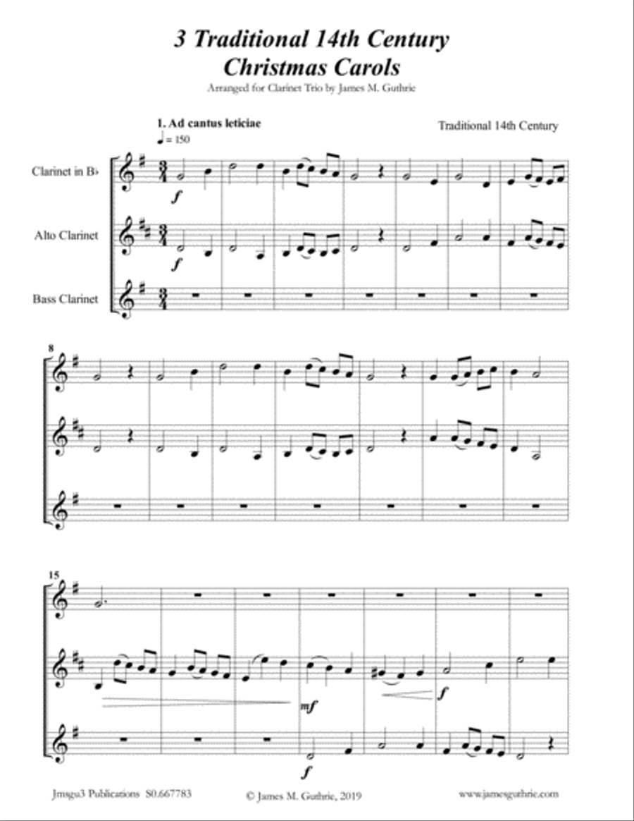 3 Traditional 14th Century Christmas Carols for Clarinet Trio Clarinet Trio scores gallery preview page 1