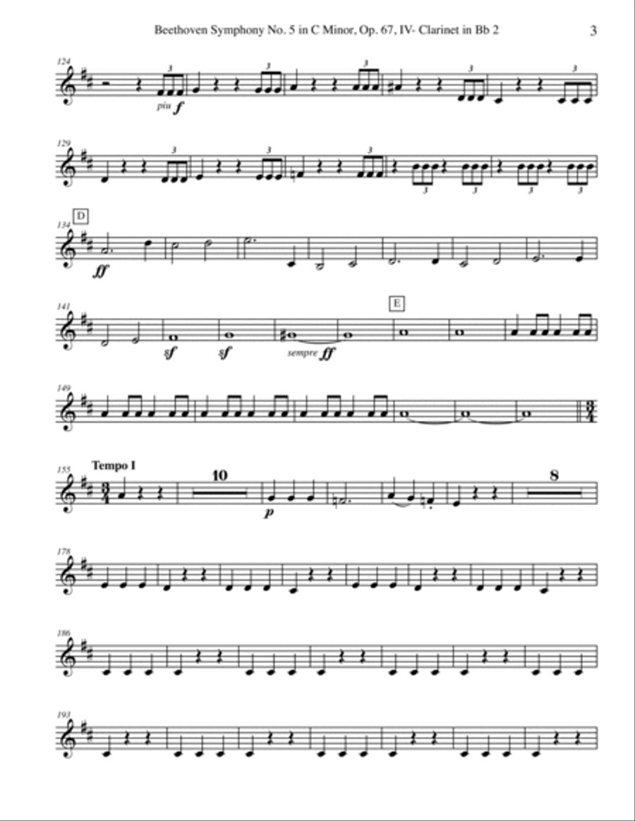Beethoven Symphony No. 5, Movement IV - Clarinet in Bb 2 (Transposed Part), Op. 67 B-Flat Clarinet scores gallery preview page 3