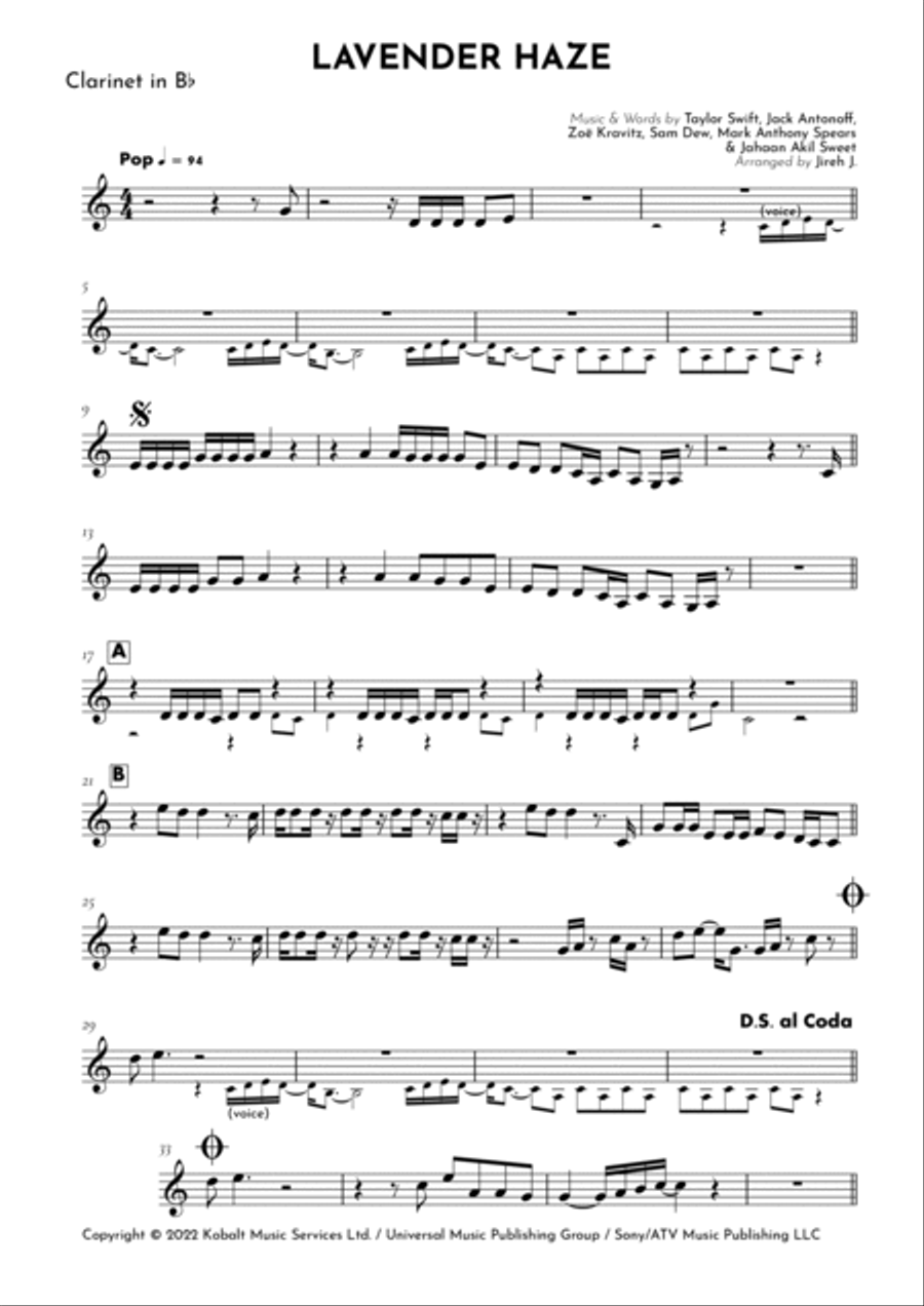 Lavender Haze Lavender Haze B-Flat Clarinet scores gallery preview page 2