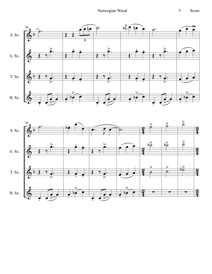 Norwegian Wood (This Bird Has Flown) Saxophone Quartet scores gallery preview page 6