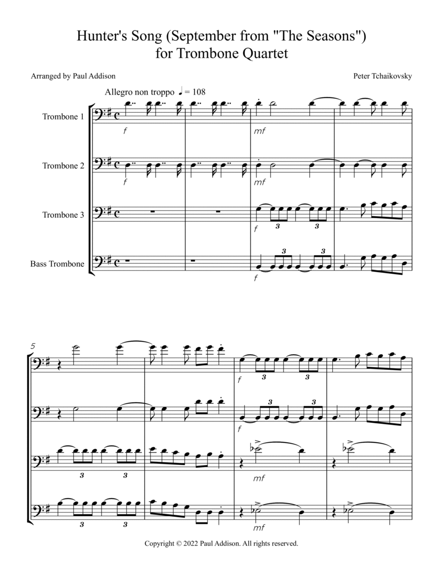 Hunter's Song (September from "The Seasons") for Trombone Quartet