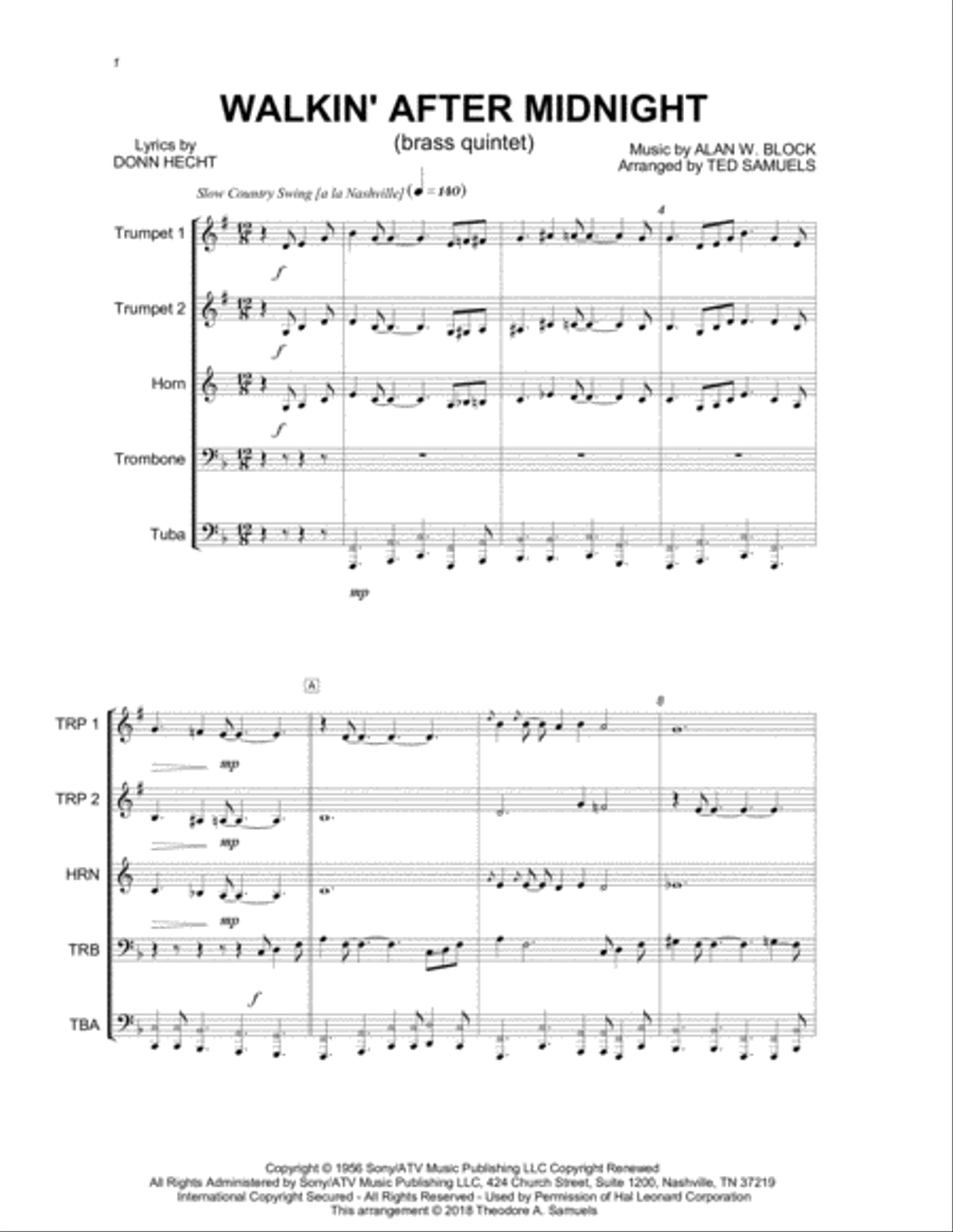 Walkin' After Midnight Brass Quintet scores gallery preview page 2
