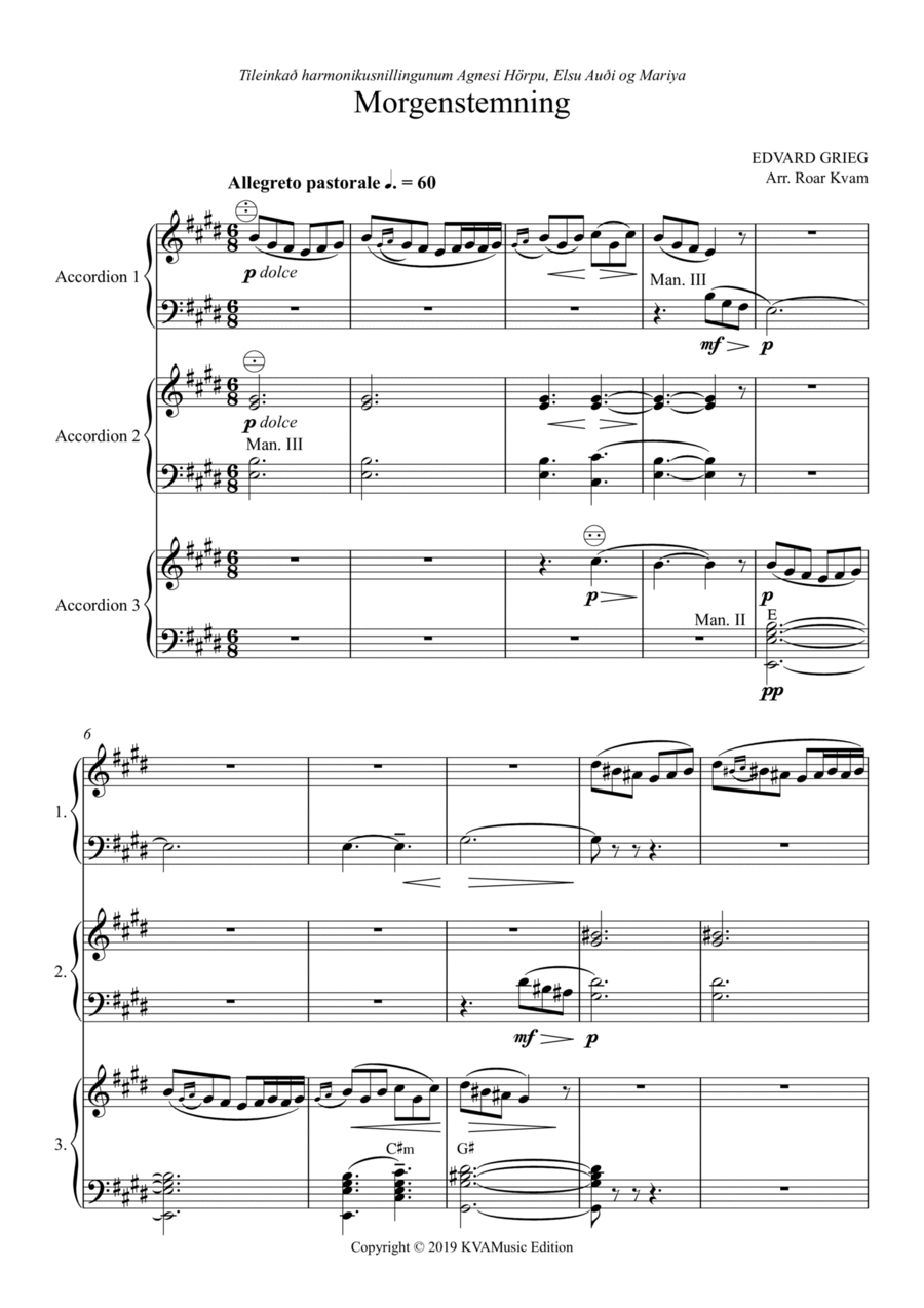 E. Grieg: Morning Mood / Morgenstemning (Accordion Trio) Chamber Music scores gallery preview page 1
