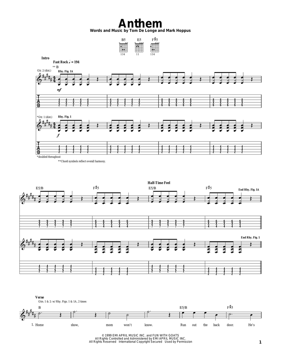 Anthem Guitar Tablature scores gallery preview page 1
