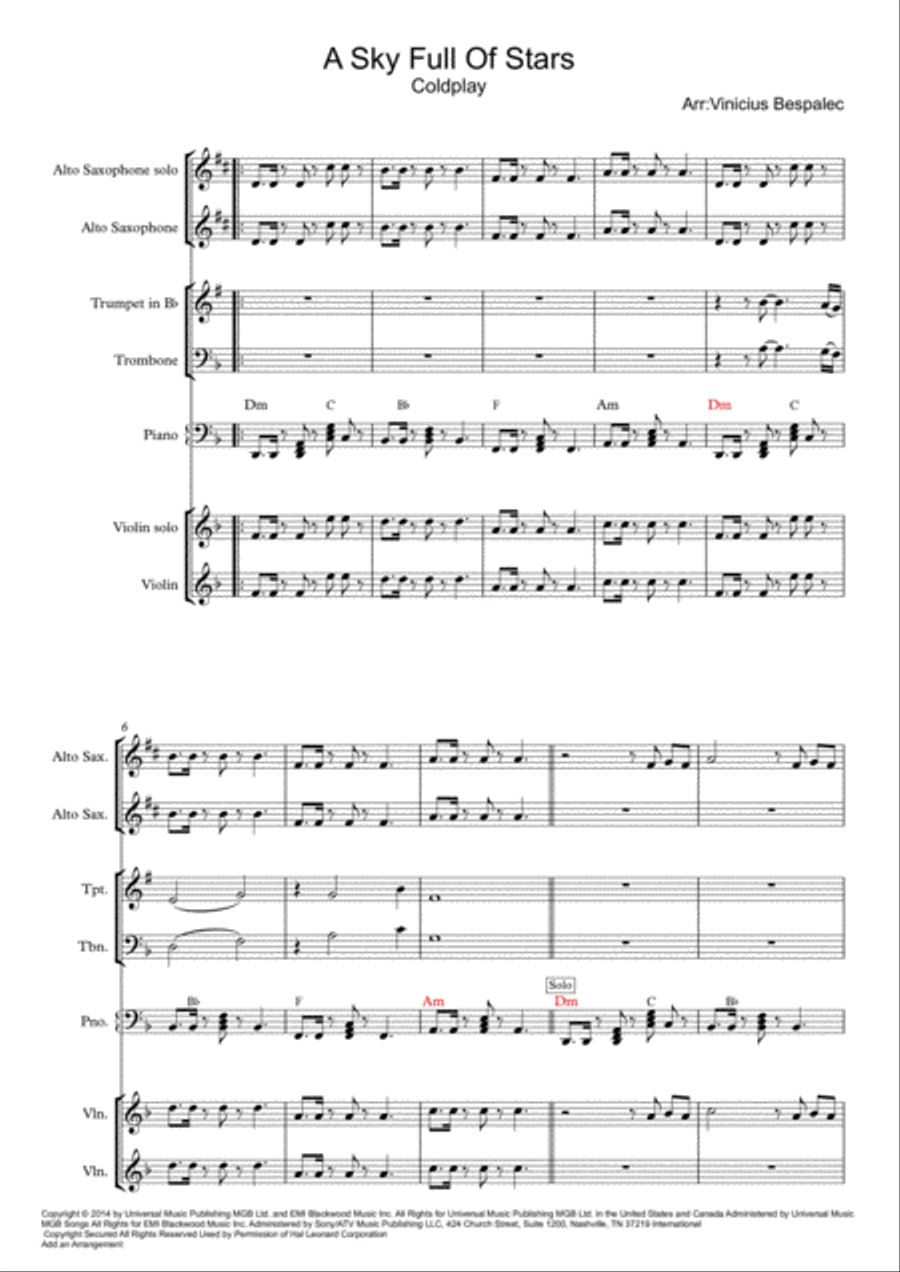 A Sky Full Of Stars Piano, Vocal, Guitar scores gallery preview page 1
