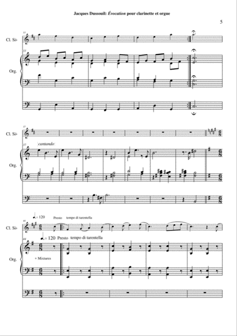 Jacques Dussouil: Évocation for Bb clarinet and organ Woodwind Duet scores gallery preview page 5