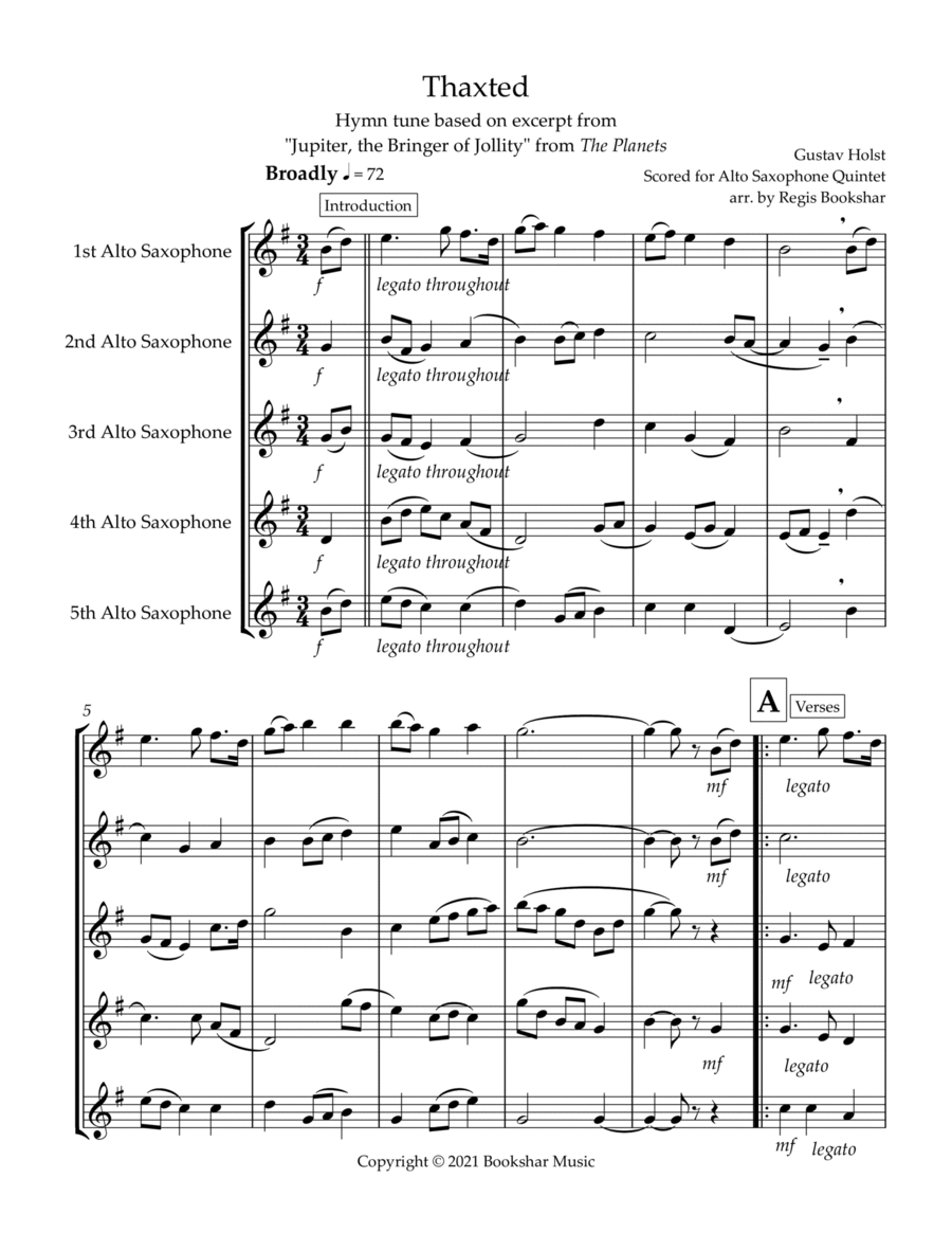 Thaxted (hymn tune based on excerpt from "Jupiter" from The Planets) (Bb) (Alto Saxophone Quintet) image number null