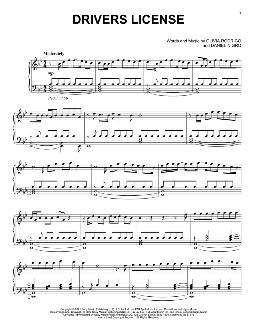 drivers license Piano Solo scores gallery preview page 1