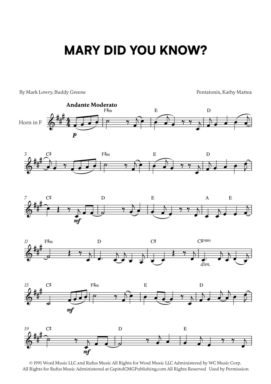 Mary, Did You Know? Horn Solo scores gallery preview page 1