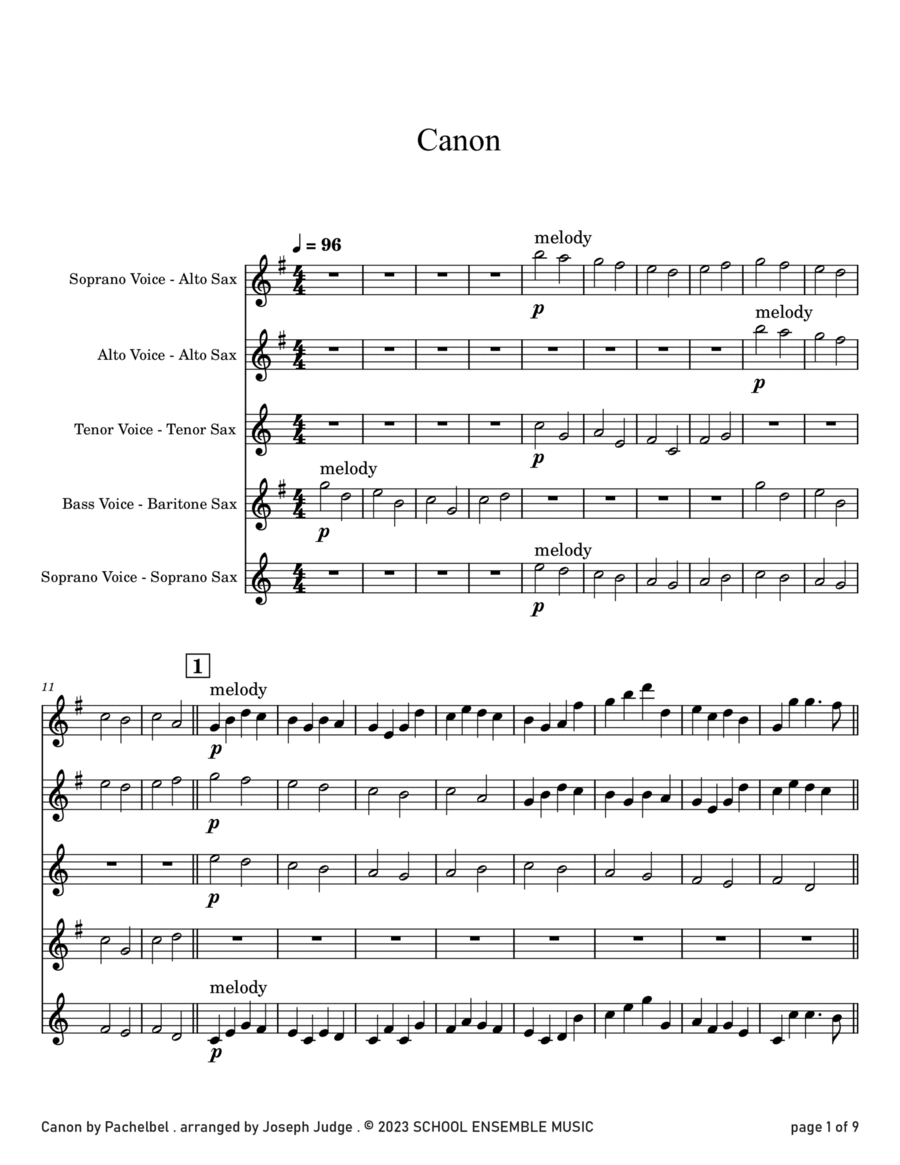 Canon by Pachelbel for Saxophone Quartet in Schools Canon by Pachelbel for Saxophone Quartet in Schools Saxophone Quartet scores gallery preview page 1