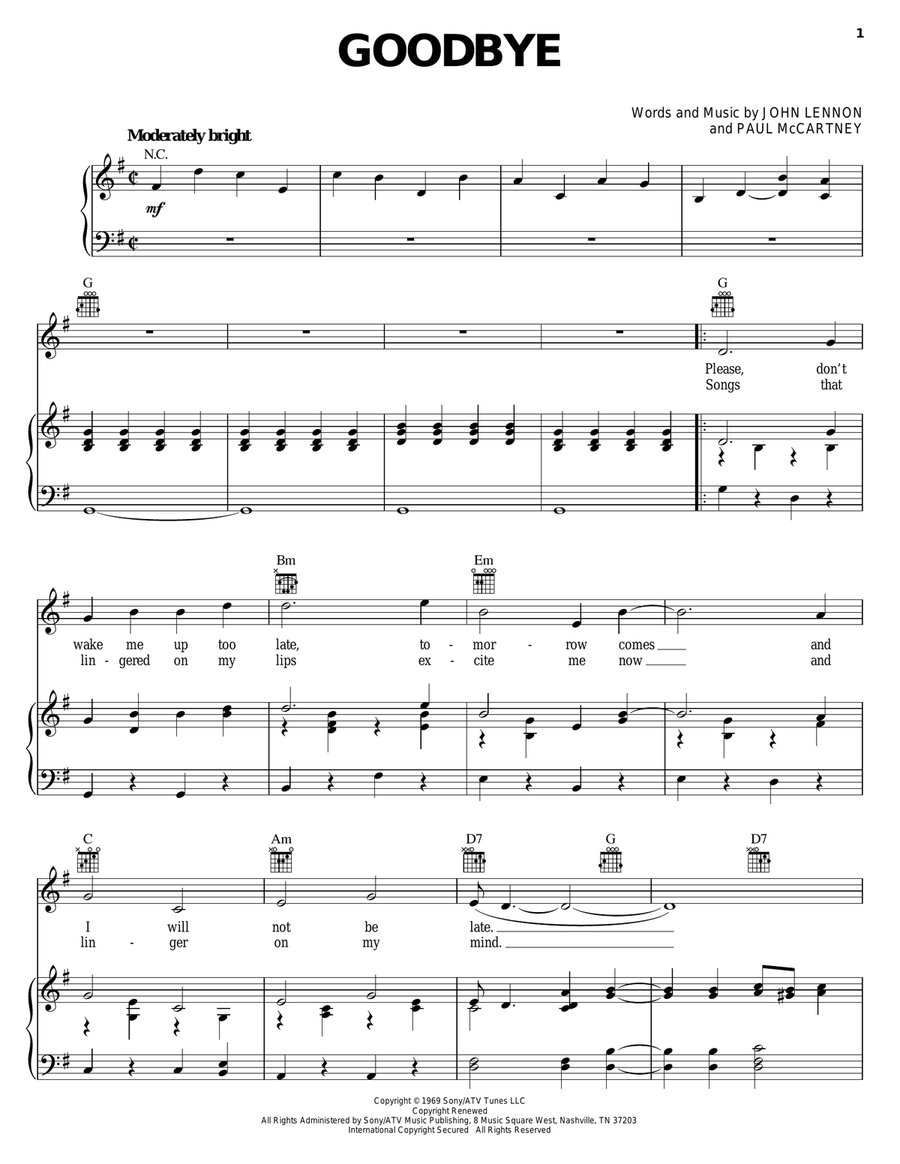 Goodbye Piano, Vocal, Guitar scores gallery preview page 1