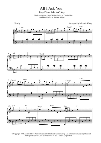 All I Ask Of You - Easy Piano Solo in C Key (With Chords) image number null