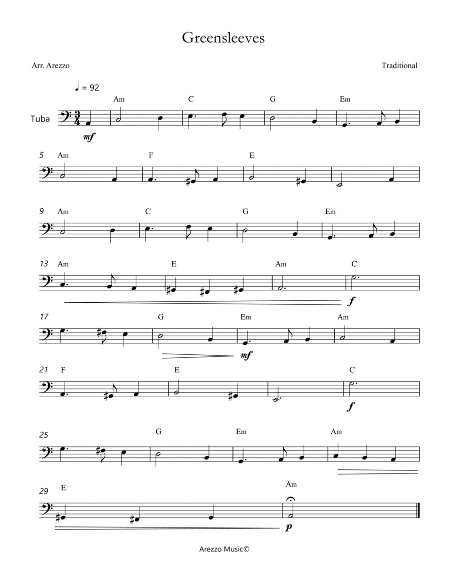 Greensleeves - Lead Sheet for Tuba Melody and Chords image number null