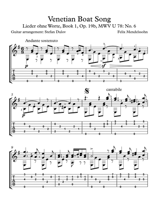 Venetian Boat Song No. 1 (Venetianisches Gondellied), arr. for guitar