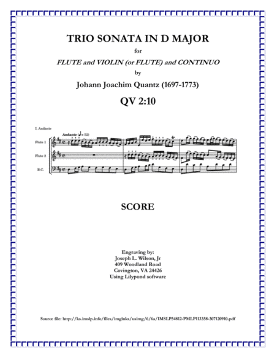Quantz Trio Sonata in D Major for Flute, Violin (or Second Flute) and Continuo, QV 2:10 Small Ensemble scores gallery preview page 1