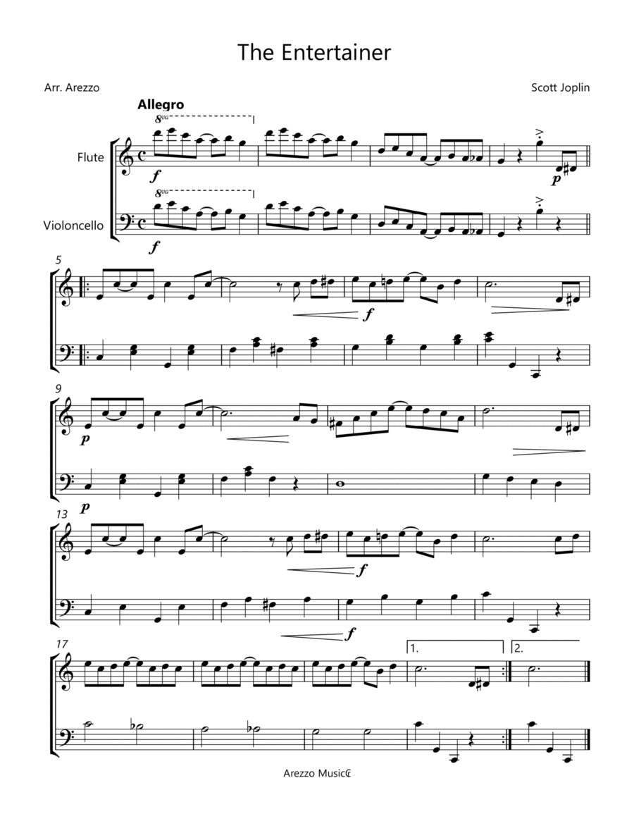 The Entertainer - Flute and Cello - Easy Version Flute scores gallery preview page 1
