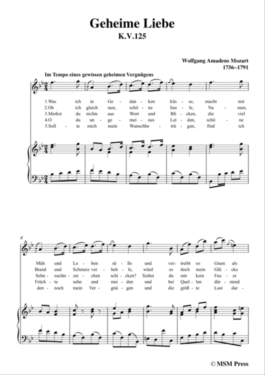 Mozart-Geheime Liebe,in B flat Major,for Voice and Piano Voice Solo scores gallery preview page 3
