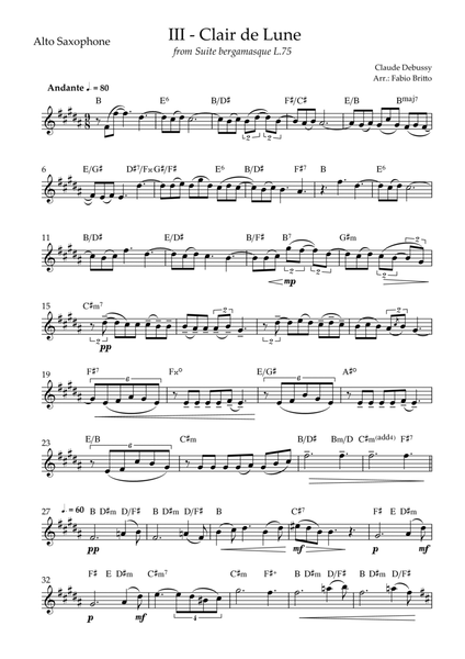 Clair de Lune (C. Debussy) for Alto Saxophone Solo with Chords (C Major)