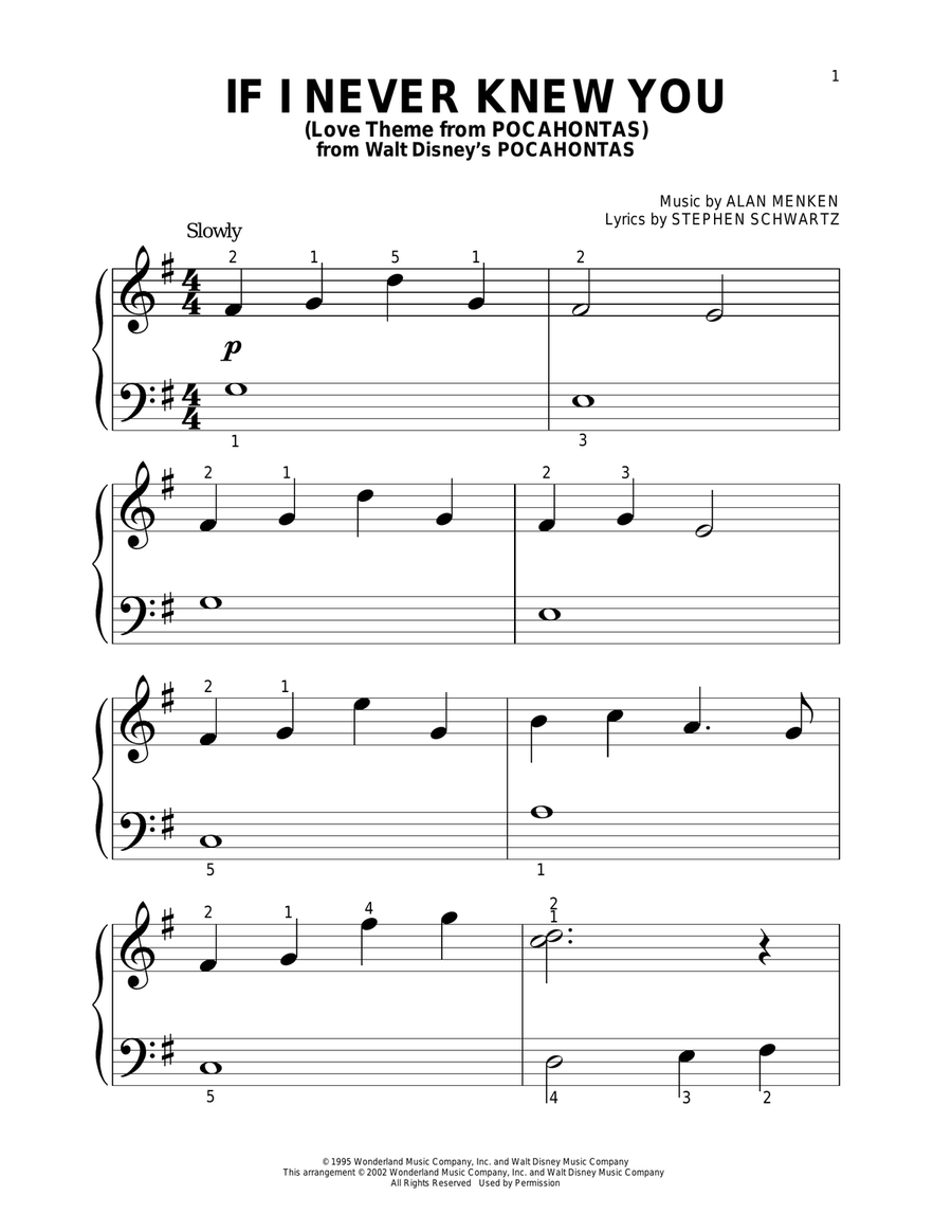 If I Never Knew You (End Title) (from Pocahontas) Easy Piano scores gallery preview page 1